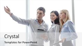  Presentation with office - Amazing PPT theme having team working with tablet pcs backdrop and a white colored foreground