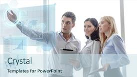  Presentation with office - Cool new slide set with team working with tablet pcs backdrop and a sky blue colored foreground