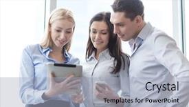  Presentation with audit business compliance concept - PPT theme consisting of team working with tablet pcs background and a light blue colored foreground