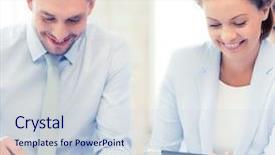  Presentation with tablet - Theme having team working with tablet pcs background and a  colored foreground