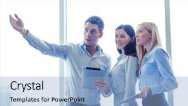  Presentation with office - Beautiful PPT theme featuring team working with tablet pcs backdrop and a  colored foreground