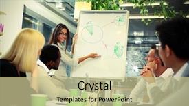  Presentation with circle graph for elementary - Beautiful PPT theme featuring team workshop - happy businesswoman explaining graph backdrop and a soft green colored foreground