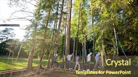  Presentation with teambuilding - Cool new slides with teambuilding - multiethnic coworkers crossing swinging logs backdrop and a tawny brown colored foreground