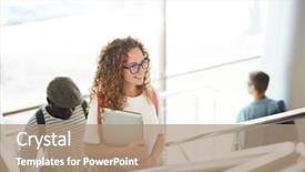  Presentation with upstairs - Presentation design with teammate - young woman with folded laptop background and a coral colored foreground