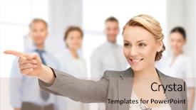  Presentation with biometric device finger print - PPT theme with teamplay - picture of attractive businesswoman pointing background and a  colored foreground