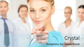  Presentation with finger millet - Audience pleasing slide set consisting of teamplay - picture of attractive businesswoman pointing backdrop and a arctic colored foreground