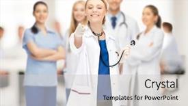  Presentation with female hormone - Beautiful PPT theme featuring teamplay - picture of attractive female doctor backdrop and a light gray colored foreground