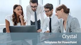  Presentation with financial report - PPT theme featuring teamwork - business team analyzing financial report background and a seafoam green colored foreground