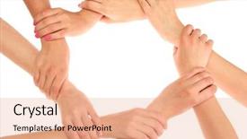  Presentation with group - Presentation theme consisting of women teamwork - group of young people's hands background and a coral colored foreground