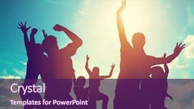  Presentation with silhouettes family - Theme having teamwork - happy friends family jumping together background and a violet colored foreground