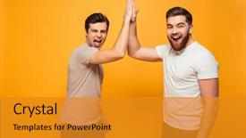  Presentation with full length portrait two men women brown sweater - PPT theme consisting of teamwork - portrait of a two delighted background and a gold colored foreground