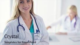  Presentation with medical robot hand and doctor - Cool new PPT theme with teamwork - portrait of a young female backdrop and a light blue colored foreground