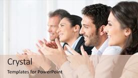  Presentation with business team join hands white - Amazing PPT theme having teamwork achievement - happy smiling business team clapping backdrop and a lemonade colored foreground