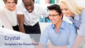  Presentation with people - Presentation theme consisting of teamwork black - happy business people gathered background and a lemonade colored foreground