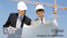  Presentation with what is thing used in looking for far object - Slide set with teamwork blue - portrait of two confident foremen background and a  colored foreground