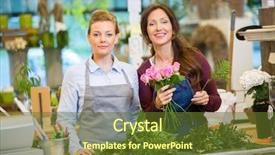 Presentation with pink roses - Cool new slides with teamwork bunch - portrait of happy florists making backdrop and a  colored foreground