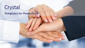  Presentation with united - Slide deck having teamwork bunch - united hands on office background background and a sky blue colored foreground