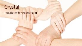  Presentation with united - Slide set consisting of teamwork bunch - united hands on white background background and a  colored foreground