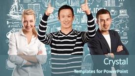  Presentation with done - Presentation theme consisting of teamwork concept asian man in striped pullovert showing well done with both hands background and a ocean colored foreground