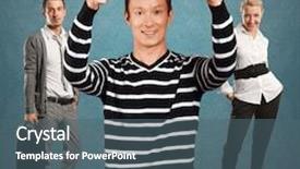  Presentation with done - Cool new PPT theme with teamwork concept asian man in striped pullovert showing well done with both hands backdrop and a ocean colored foreground