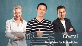  Presentation with done - Beautiful slide set featuring teamwork concept asian man in striped pullovert showing well done backdrop and a ocean colored foreground