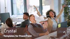  Presentation with employees - Slide deck with teamwork-concept-happy-employees-celebrating background and a tawny brown colored foreground