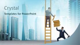  Presentation with helping - Presentation theme featuring teamwork-concept-with-colleagues-helping background and a sky blue colored foreground