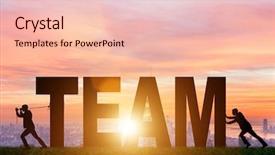  Presentation with meet the work team - Beautiful PPT theme featuring teamwork concept with the word backdrop and a  colored foreground
