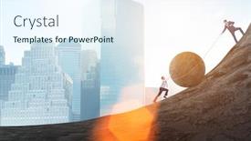  Presentation with example - Beautiful PPT layouts featuring teamwork example with business people pushing stone to top backdrop and a sky blue colored foreground