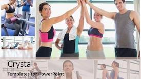  Presentation with people collage - Cool new PPT theme with teamwork health - collage of happy people backdrop and a soft green colored foreground