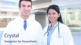  Presentation with health teamwork - PPT theme consisting of teamwork health - handsome man doctor and woman background and a sky blue colored foreground