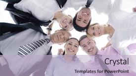  Presentation with heads - Presentation having closeup of happy business people with their heads together representing concept of ftiendship and teamwork isolated on white background background and a light blue colored foreground