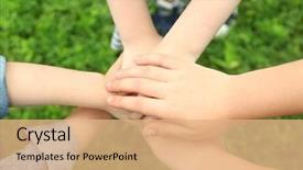  Presentation with children teamwork - PPT theme featuring teamwork kids - children holding hands together background and a coral colored foreground