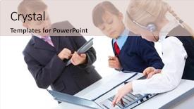  Presentation with partners - Colorful slide deck enhanced with teamwork kids - photo of serious business partners backdrop and a soft green colored foreground