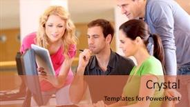  Presentation with group training - PPT layouts enhanced with teamwork management - group of smiling young people background and a coral colored foreground