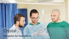  Presentation with doctors teamwork - PPT theme with teamwork of doctors working with tablet pc at hospital for discussion background and a light blue colored foreground