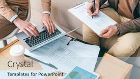  Presentation with software - Cool new PPT layouts with teamwork of young creative programmers or designers of software working with online data and papers by workplace backdrop and a light blue colored foreground