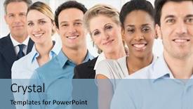  Presentation with group - Audience pleasing slide deck consisting of teamwork rowing - group of happy multiracial businesspeople backdrop and a light blue colored foreground