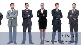  Presentation with five business people standing together and smiling - Theme enhanced with teamwork rowing - group of successful business people background and a ocean colored foreground