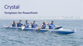  Presentation with rowing - Amazing PPT theme having teamwork rowing - male rowers paddling outrigger canoe backdrop and a sky blue colored foreground