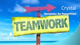  Presentation with teamwork - Amazing presentation theme having teamwork-sign-with-beach-background backdrop and a cobalt blue colored foreground