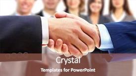  Presentation with five business people standing together and smiling - Amazing presentation theme having smiling business people and business backdrop and a coral colored foreground