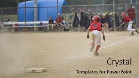  Presentation with baseball player - Beautiful presentation theme featuring teamwork teamwork slides - youth baseball player running backdrop and a coral colored foreground
