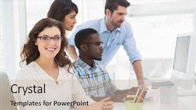  Presentation with monitor computer - Amazing presentation theme having teamwork using computer monitor together in the office backdrop and a soft green colored foreground