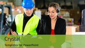  Presentation with forklift - Slides having teamwork - warehouseman or forklift driver and female supervisor with laptop headset and cell phone at warehouse of freight forwarding company - a forklift is in background background and a shamrock green colored foreground