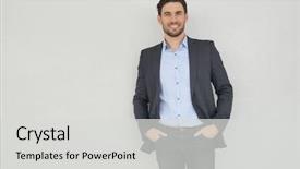  Presentation with camera - Cool new slide deck with teamwotk gray - handsome businessman smiling at camera backdrop and a light gray colored foreground