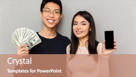  Presentation with mobile money - Presentation design having teamwotk gray - image of cheerful young asian background and a coral colored foreground