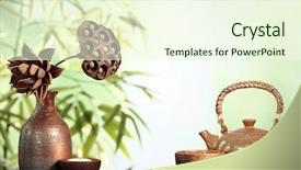 Presentation with tea leaves - Presentation theme enhanced with teapot and cup on table background and a cream colored foreground