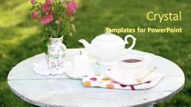  Presentation with teapot - PPT theme with teapot-and-cup-on-table background and a tawny brown colored foreground