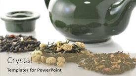  Presentation with tea variety - Theme consisting of teapot and variety of loose tea with fruits and flowers background and a coral colored foreground